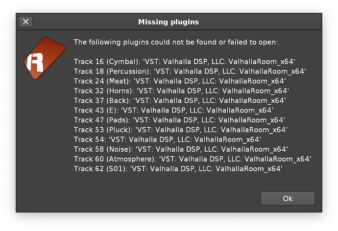 The following plugins could not be found or failed to open: Track 16 (Cymbal): 'VST: Valhalla DSP, LLC: ValhallaRoom_x64'