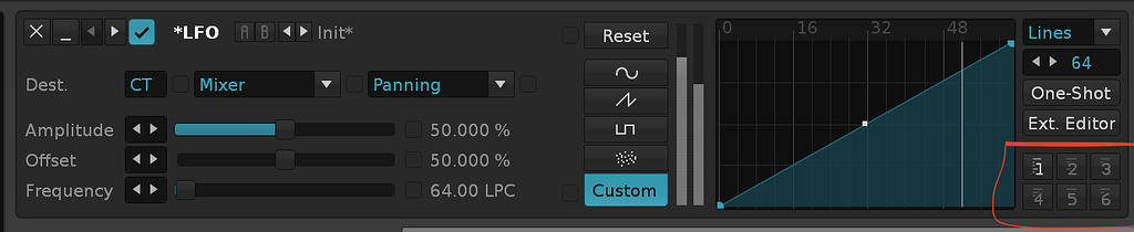 LFO Device -> Custom Shape -> 1...6 Stored Envelope Presets accessible ...